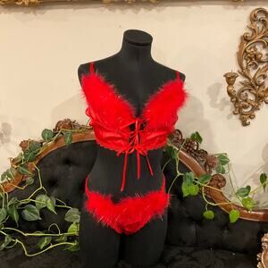 vintage Minor Creations Faux Fur Bra & panty Set mesh lingerie set One Size Red